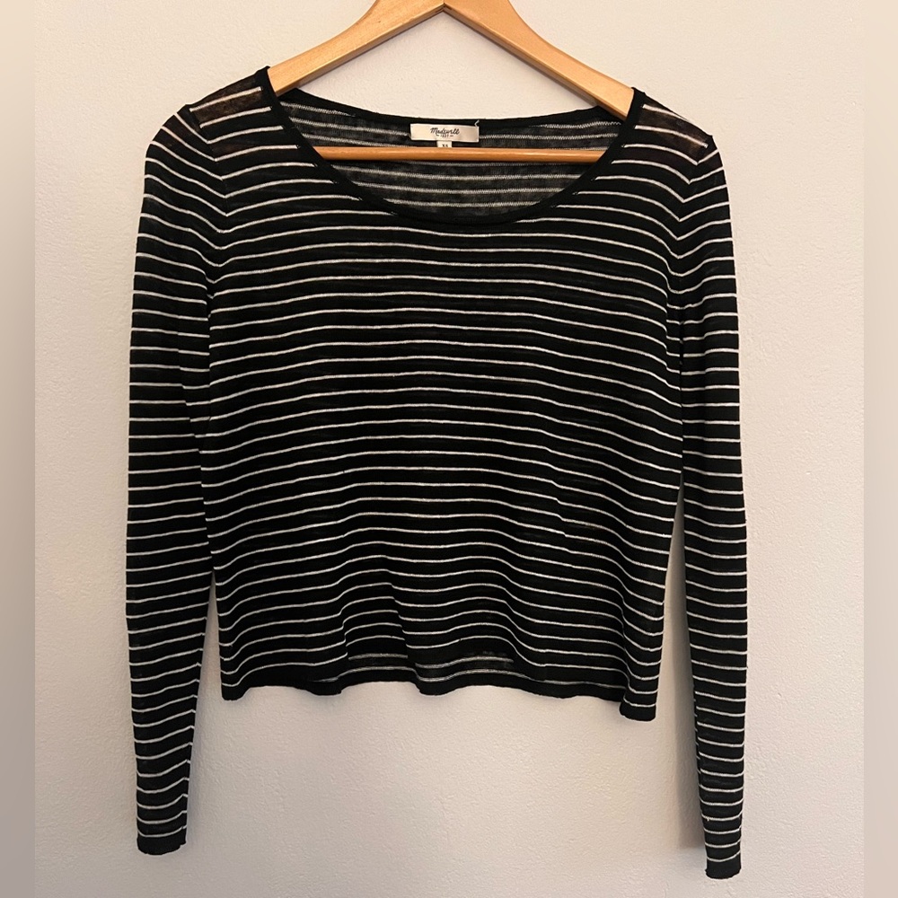 Madewell sheer black and white stripe long sleeve top, size small